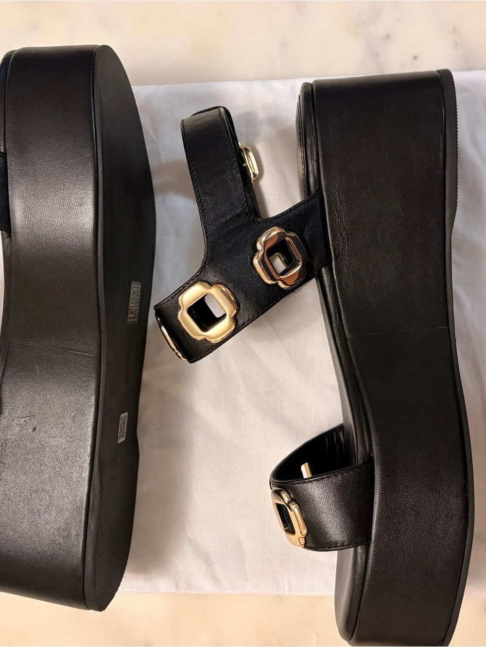 Larroude Milan Black Platform Sandals with Gold Accents